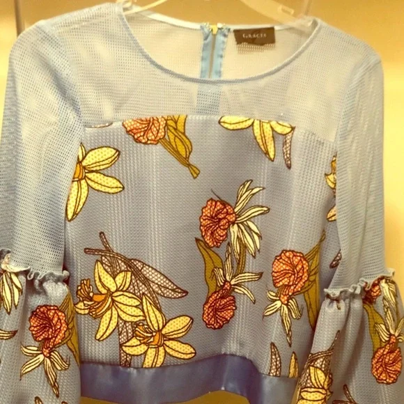 Gracia Blue Blouse with Floral Accents - Picture 1 of 1